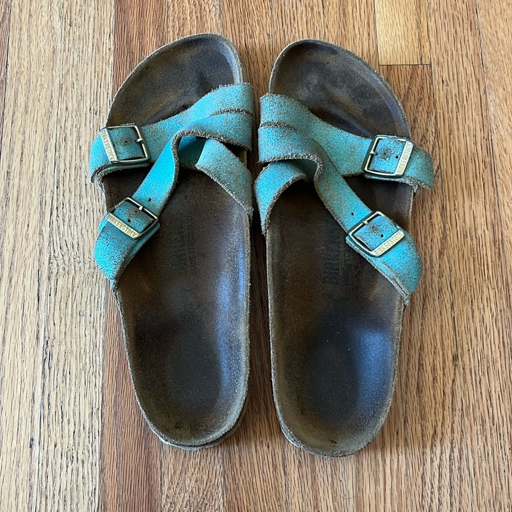 Birkenstock Yao Washed Blue Leather Sandals